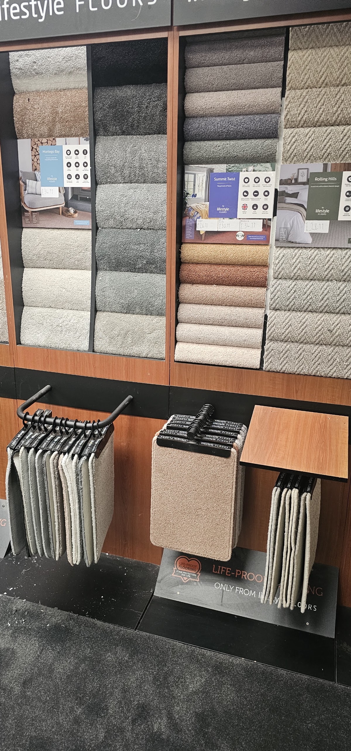 Carpet sample wall with named ranges and colours